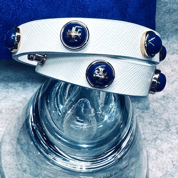 Tory Burch - Leather Double Wrap Blue Cabochon Logo Studded Bracelet - Picture 8 of 8